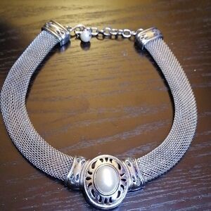 Silver Tone Mesh 30+ Years Old Vintage Necklace with Faux Pearl Accent